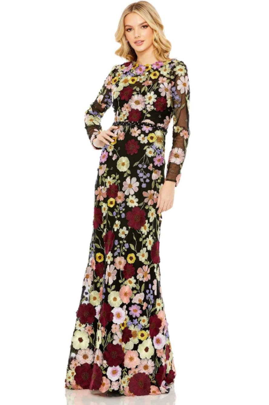 NWT Mac Duggal 68201 Black Multi Floral Embroidered Long Slv Gown Size 12 Formal